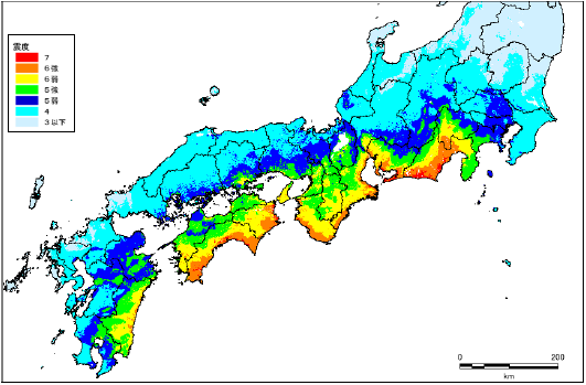 南海トラフ地震の想定震度分布図