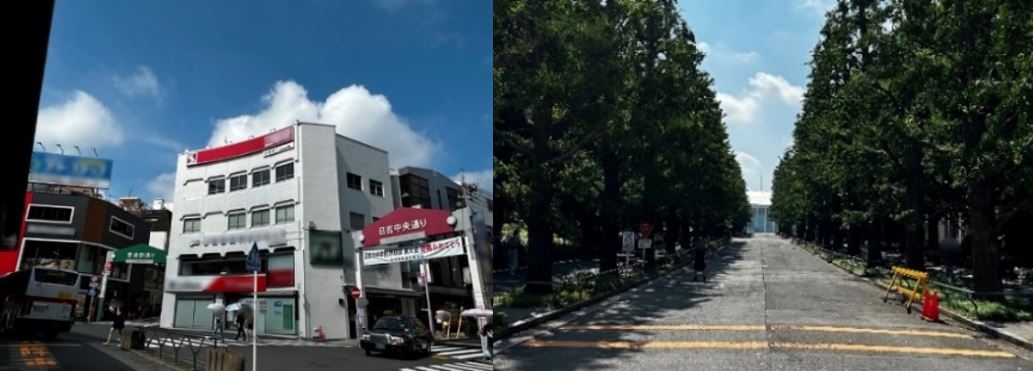 日吉駅西側の商店街と東側の慶應義塾大学日吉キャンパス